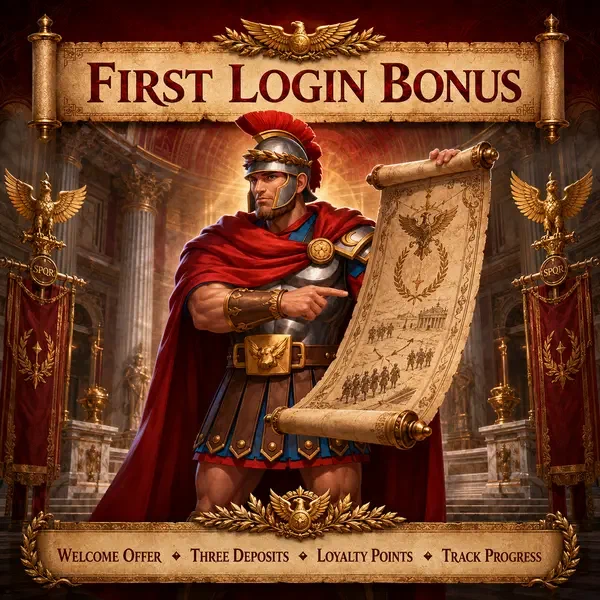 Roman commander unfurling first login bonus scroll at First Login Dashboard and Roman Casino
