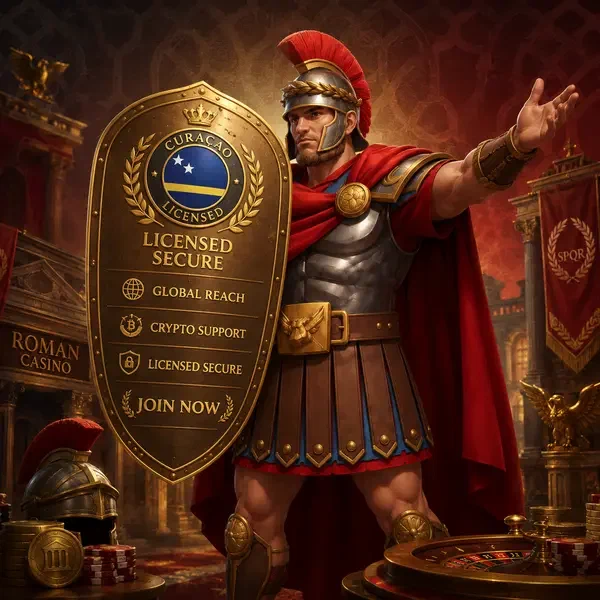Roman commander presenting golden shield displaying key facts at Roman Casino