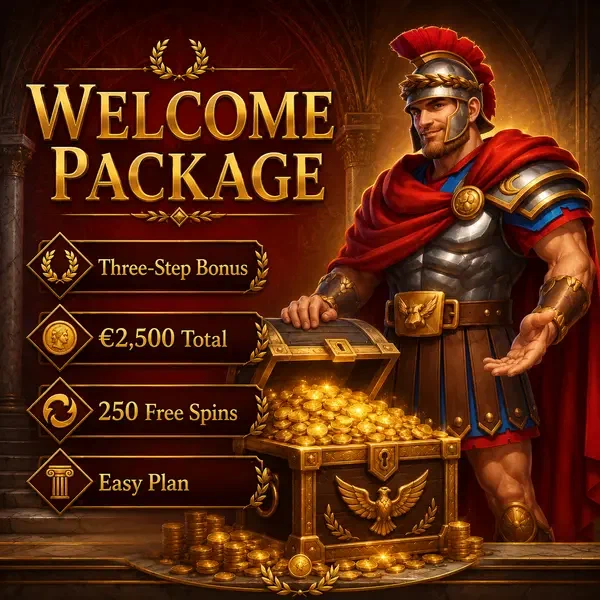 Roman Casino welcome bonus chest overflowing with golden coins and free spins