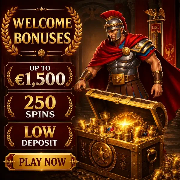 Roman commander opens treasure chest revealing welcome bonuses and free slots at Roman Free Slots