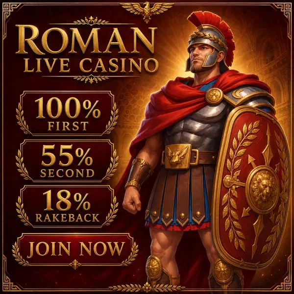 Roman commander proudly displaying live casino shield with laurel wreaths and golden accents
