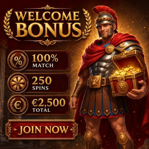 Roman legionnaire presenting welcome bonus chest with 100% match and free spins at signup