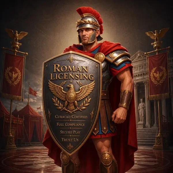 Roman Casino commander with shield displaying licensing credentials and compliance badges