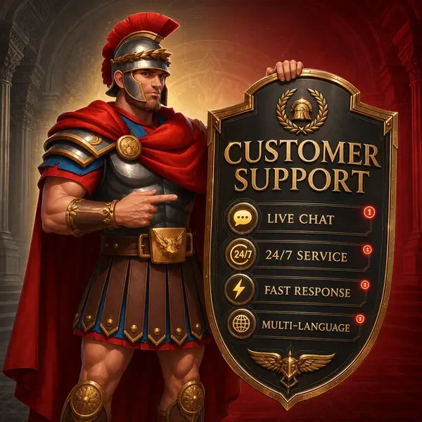 Roman Casino Customer Support live chat shield glowing with 24/7 service notifications