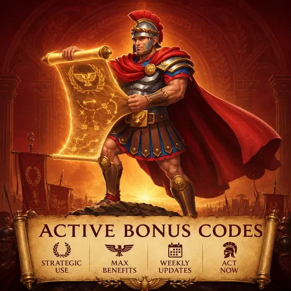 Roman commander unrolling glowing bonus code scroll at Active Roman battle camp