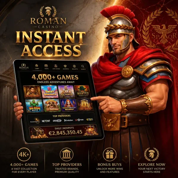 Roman Legionnaire Commander examining tablet with 4000+ games as player logs into battle-ready portal