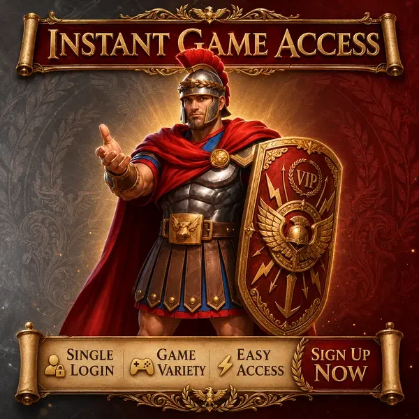 Roman Commander holds ornate shield while signing up at Instant Game Library Access After Roman portal