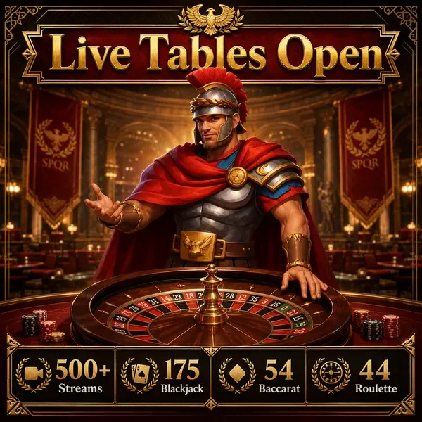 Roman commander dealing at Live Tables Open Now live casino with spinning roulette wheel