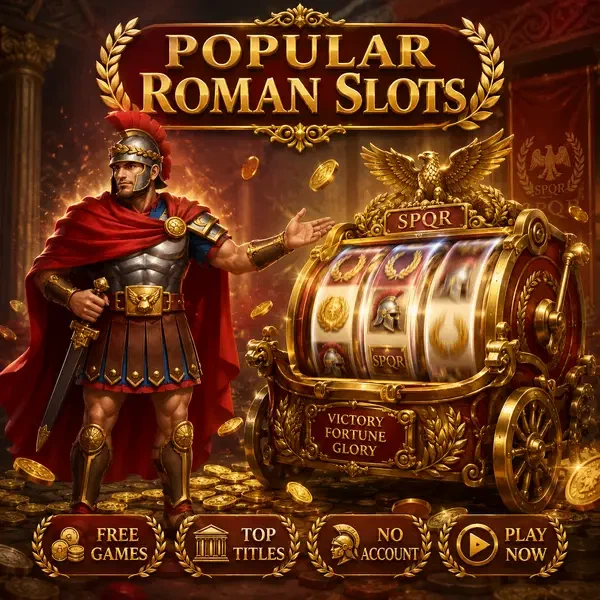 Roman legionnaire gesturing toward chariot-style slot machines at Popular Roman Free Slot Games