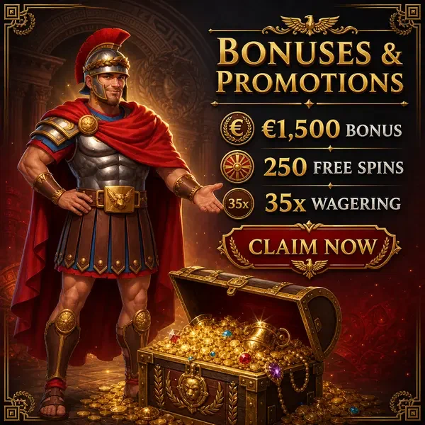 Roman legionnaire gesturing toward treasure chest overflowing with bonus coins at Roman Casino