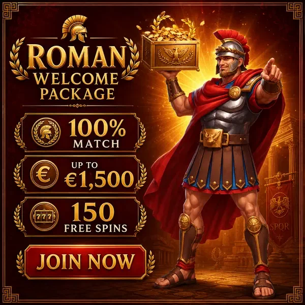 Roman commander holding golden prize box with mobile app rewards at treasure chamber