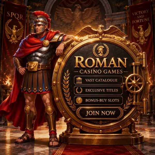 Roman legionnaire commander beside golden vault displaying vast catalogue at Roman Casino Games