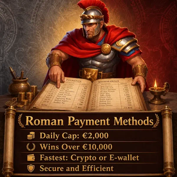 Roman commander reviewing secure payment methods ledger at Roman Casino