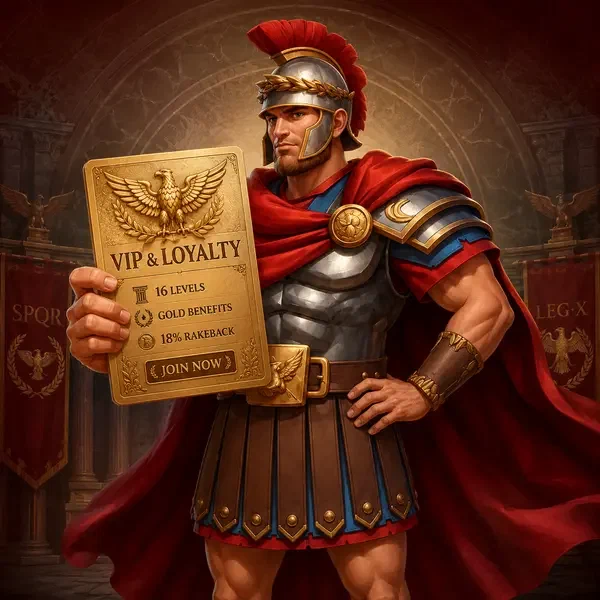 Roman commander proudly displaying VIP loyalty card at Roman Casino golden palace