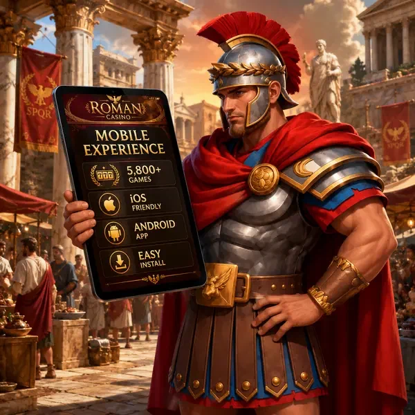 Roman commander examining mobile app interface showing 5,800+ games at Roman Casino