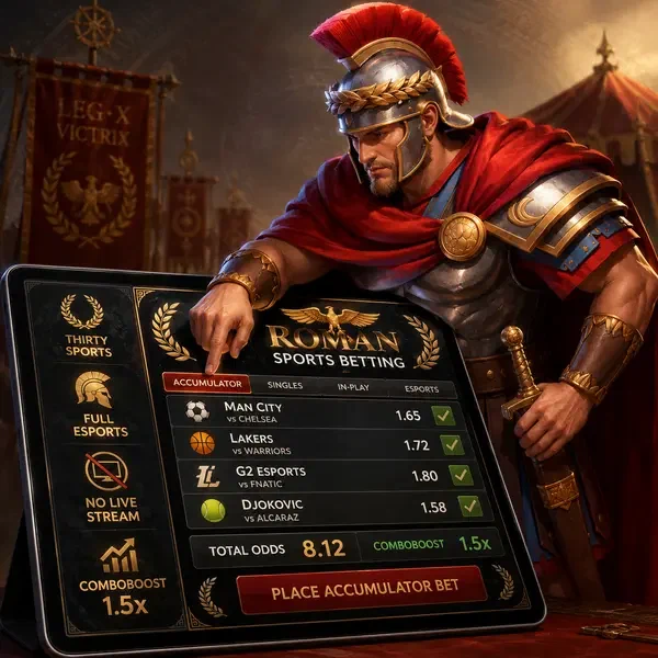 Roman legionnaire commander studying sports betting options on tactical tablet interface