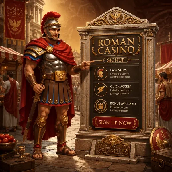 Roman commander pointing at stone tablet interface for Roman Casino signup portal